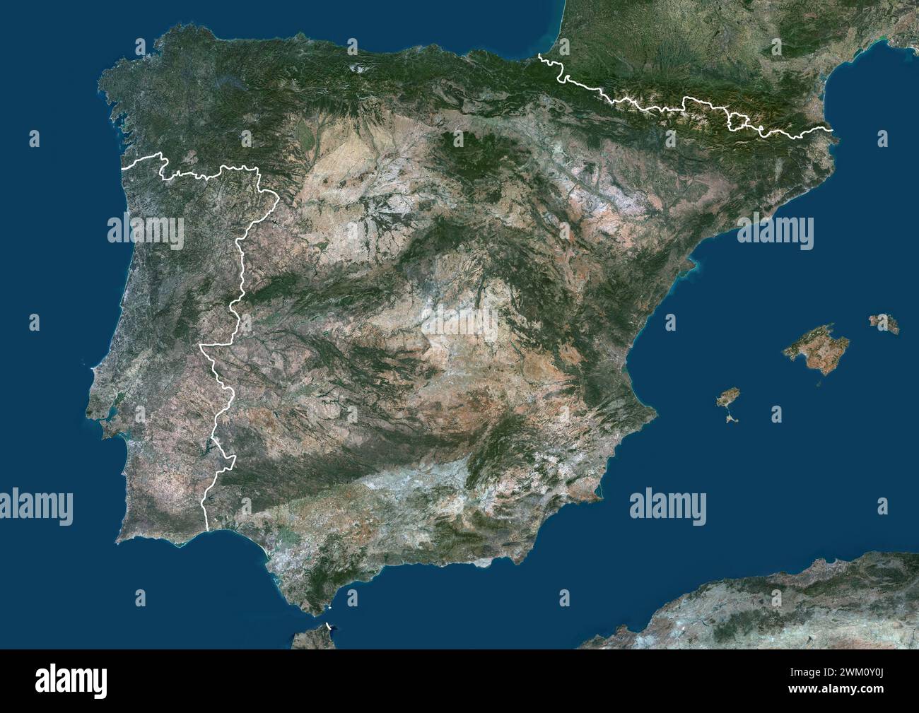 Color satellite image of Spain and Portugal, with borders. Stock Photo