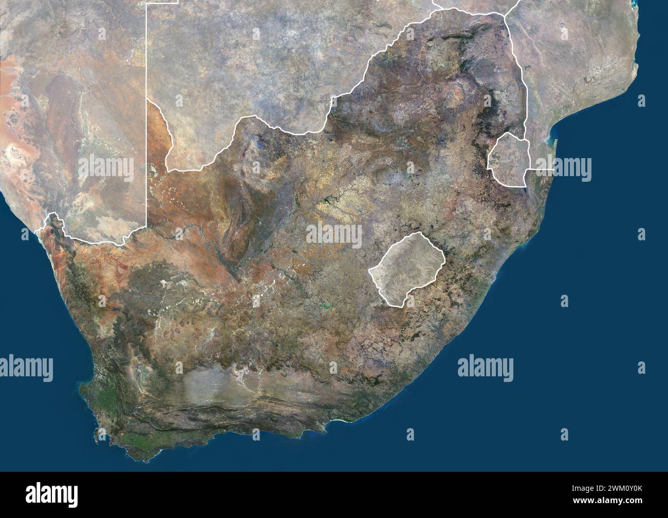 Color satellite image of South Africa, with borders and mask. Stock Photo