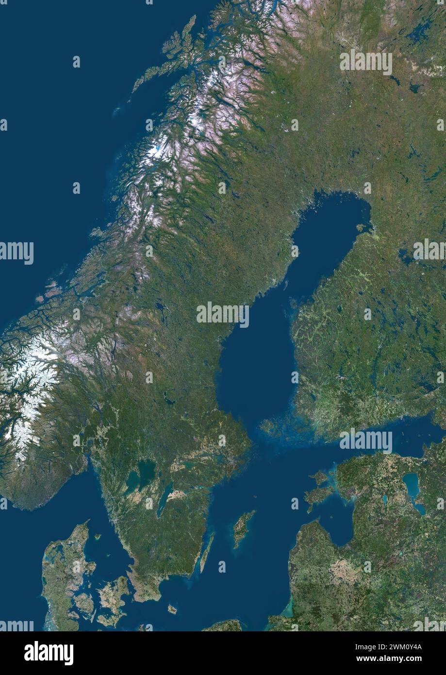 Color satellite image of Sweden and neighbouring countries. Stock Photo