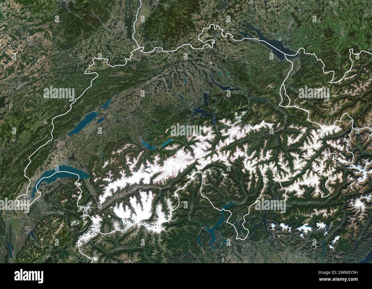 Color satellite image of Switzerland and neighbouring countries, with borders. Stock Photo