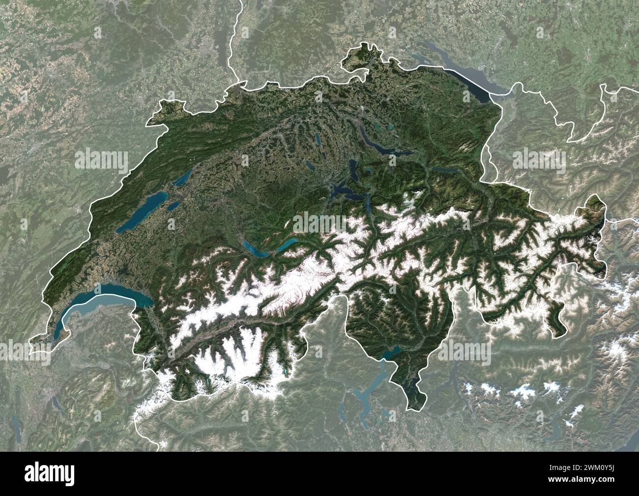 Color satellite image of Switzerland, with borders and mask. Stock Photo