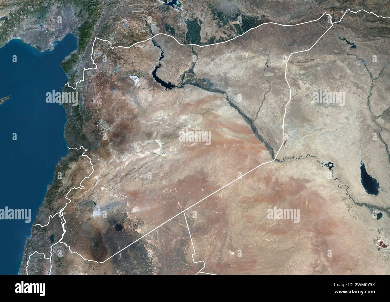 Color satellite image of Syria, with borders. Stock Photo