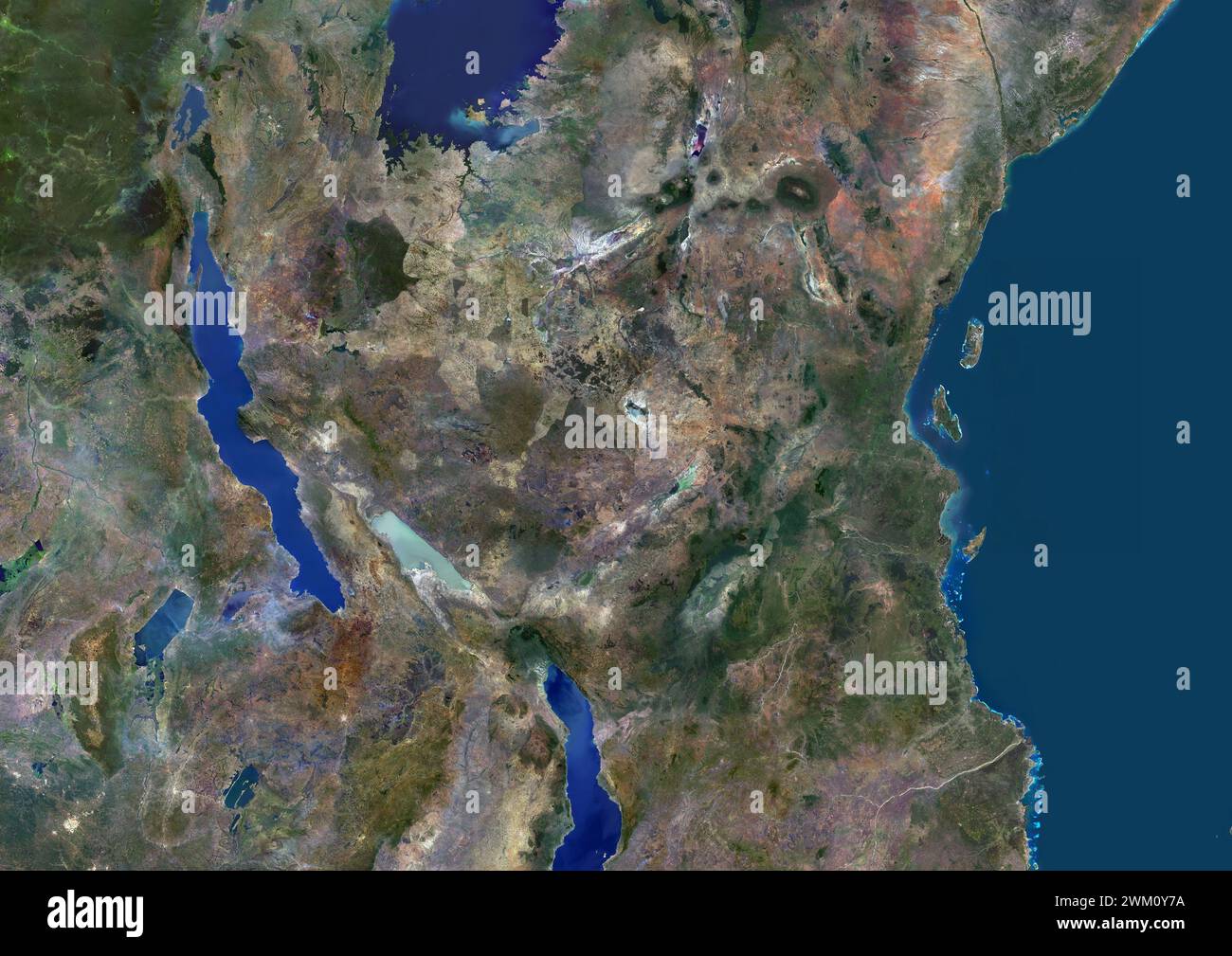 Color satellite image of Tanzania and neighbouring countries. Stock Photo
