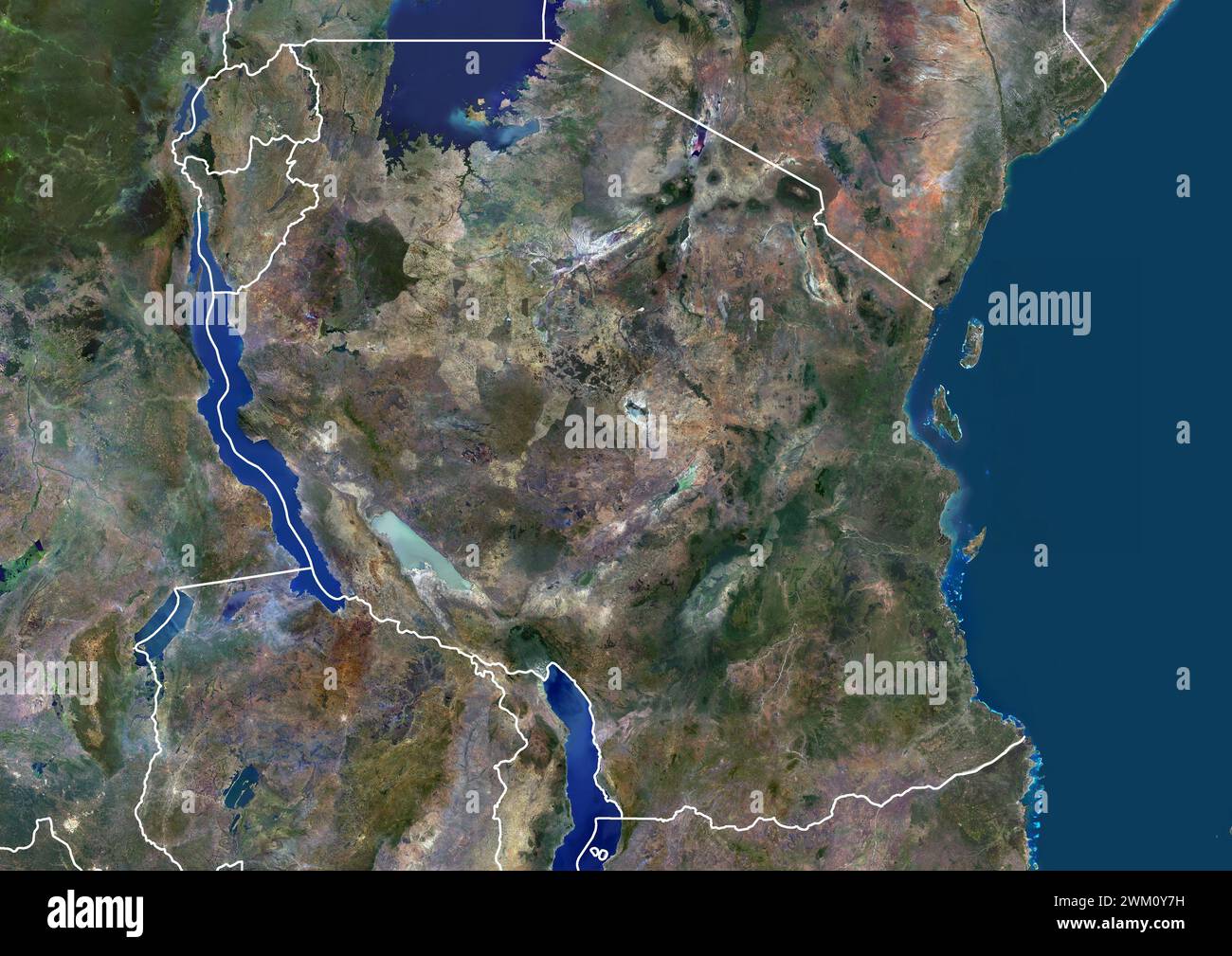 Color satellite image of Tanzania and neighbouring countries, with borders. Stock Photo