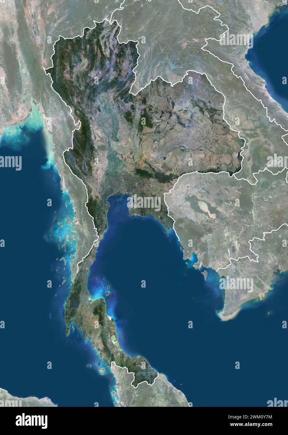 Color satellite image of Thailand, with borders and mask. Stock Photo