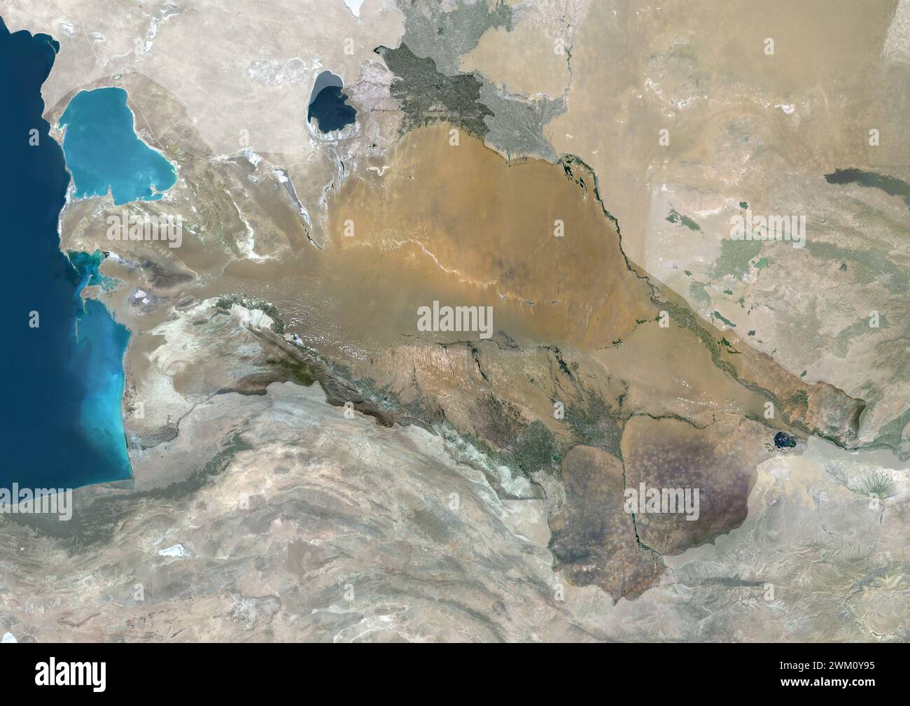Color satellite image of Turkmenistan, with mask. Stock Photo