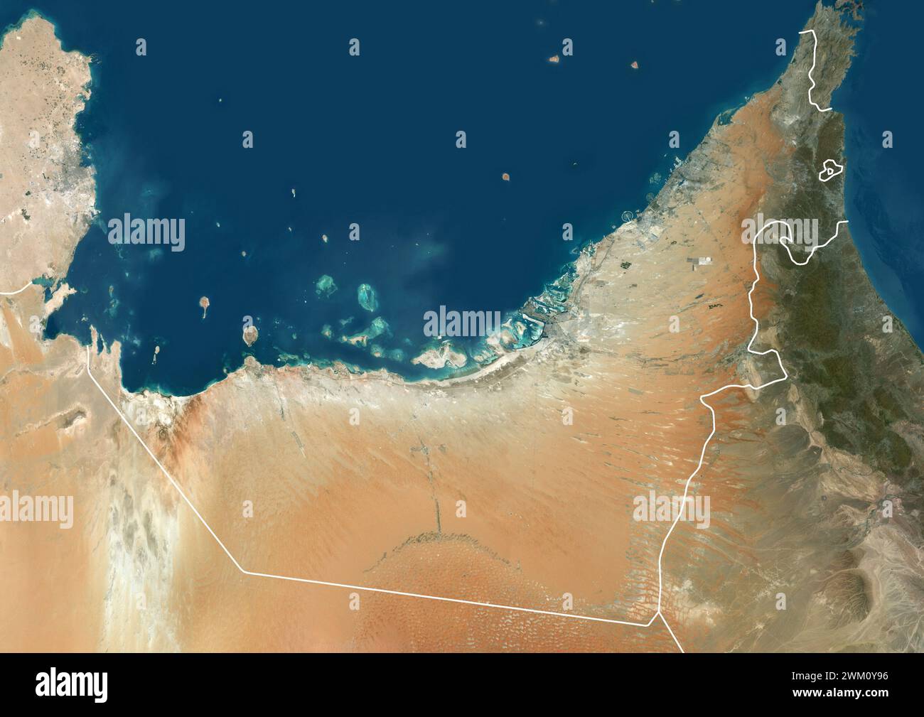 Color satellite image of United Arab Emirates and neighbouring countries, with borders. Stock Photo