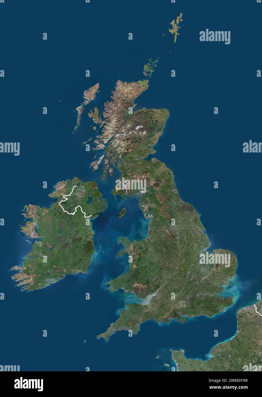 Color satellite image of the British Isles, with borders. Stock Photo