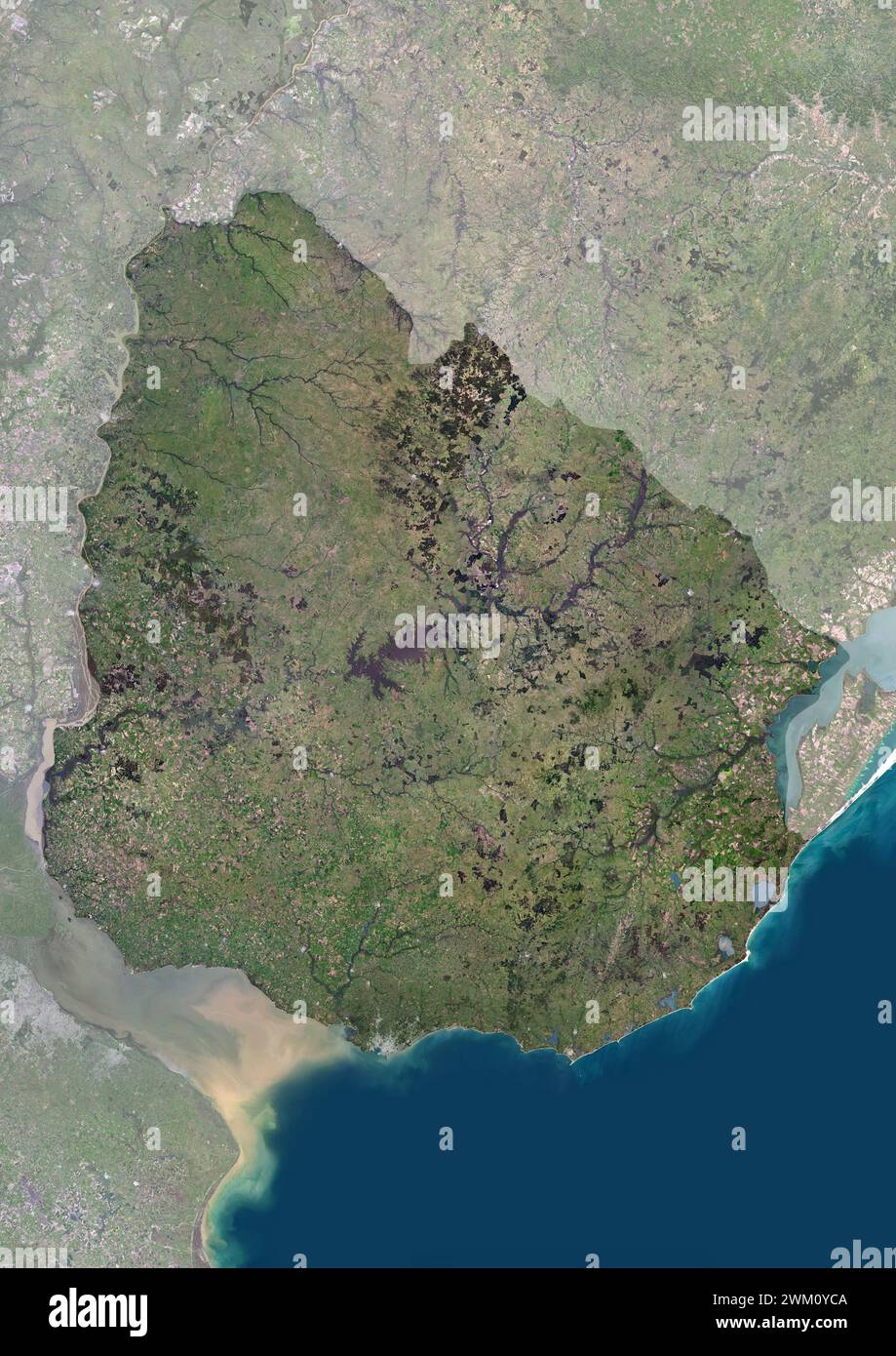 Color satellite image of Uruguay, with mask. Stock Photo