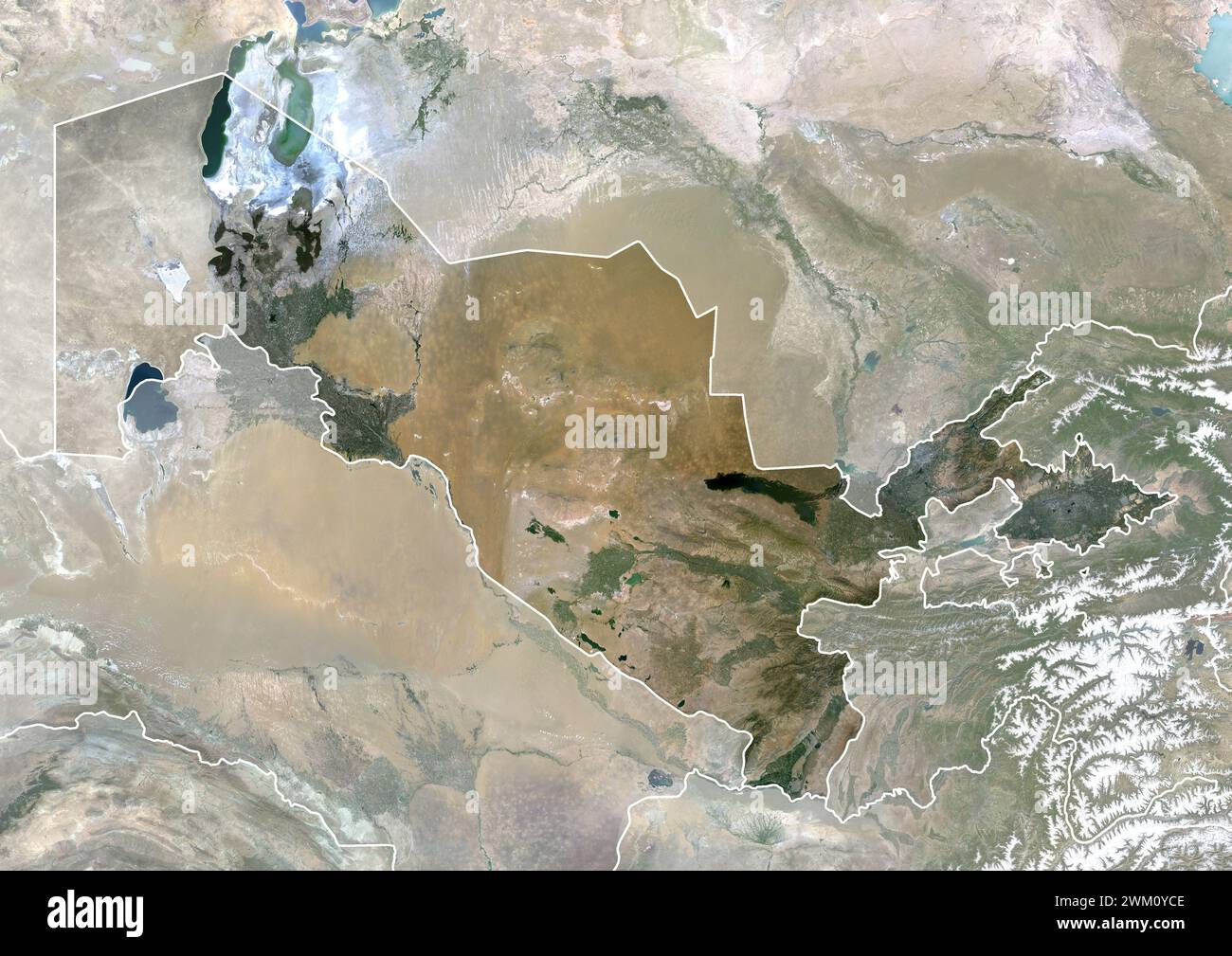 Color satellite image of Uzbekistan, with borders and mask. Stock Photo