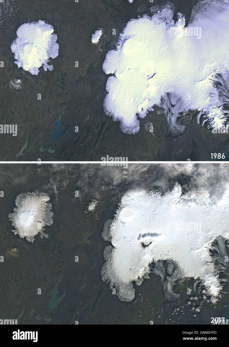 Color satellite image of Vatnajokull Glacier, Iceland in 1986 and 2017. It is the largest and most voluminous ice cap in Iceland, and the second largest in area in Europe. The satellite image shows how the glacier has been melting over the years. Stock Photo