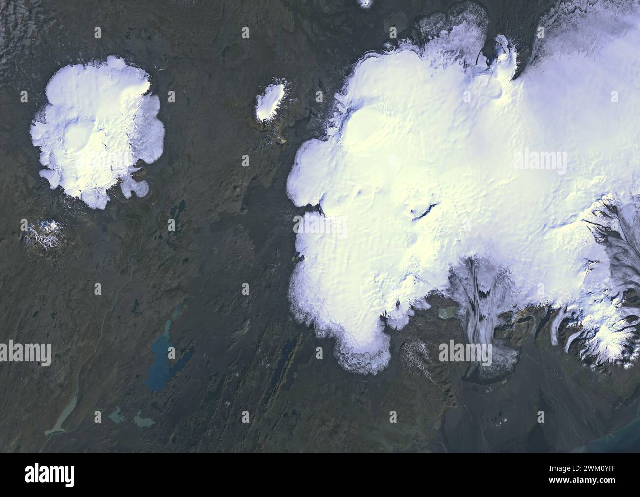 Color satellite image of Vatnajokull Glacier, Iceland in 1986. It is the largest and most voluminous ice cap in Iceland, and the second largest in area in Europe. Stock Photo