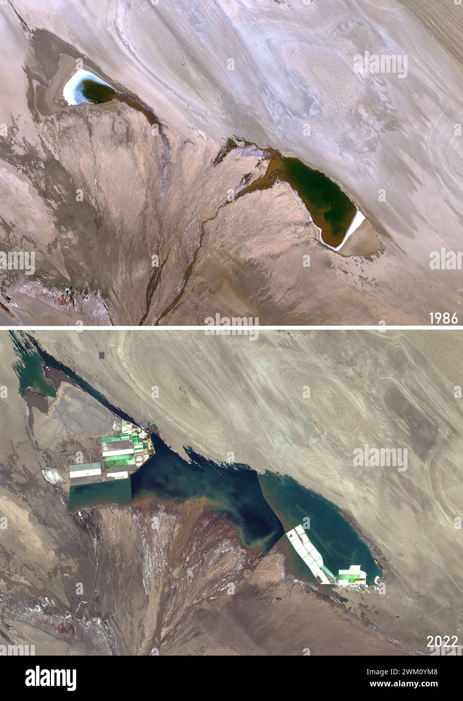 Color satellite image of Dongtai Salt Lakes, Qinghai, China in 1986 and 2022. This before/after image shows how the site has been turned into a lithium brine extraction site with evaporation ponds. Stock Photo