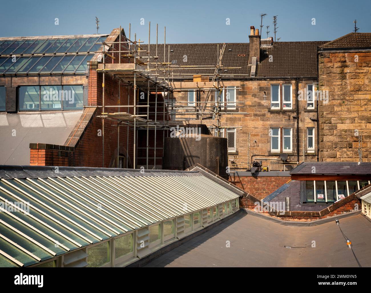 Skylights looking down into the Govanhill Baths swimming pool during construction rennovations in the south side of Glasgow 2023 Stock Photo