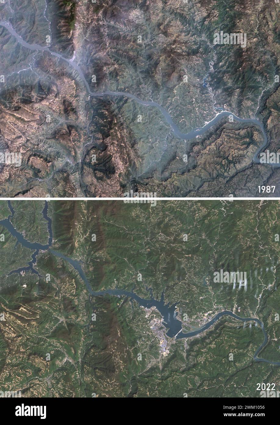 Color satellite image of the Yangtze River in 1987 and 2022, before and after the construction of the Three Gorges Dam. The dam is located in the Hubei province in central China. Stock Photo