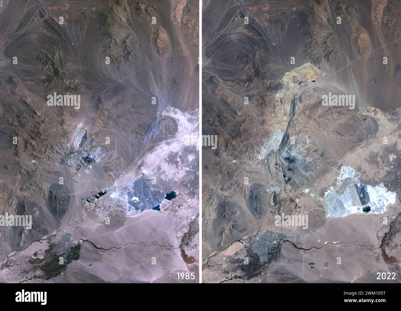 Color satellite image of Chuquicatama copper mine in Chile in 1985 and 2023. Chuquicamata, also called Chuqui is the largest open pit copper mine in terms of excavated volume in the world. Stock Photo