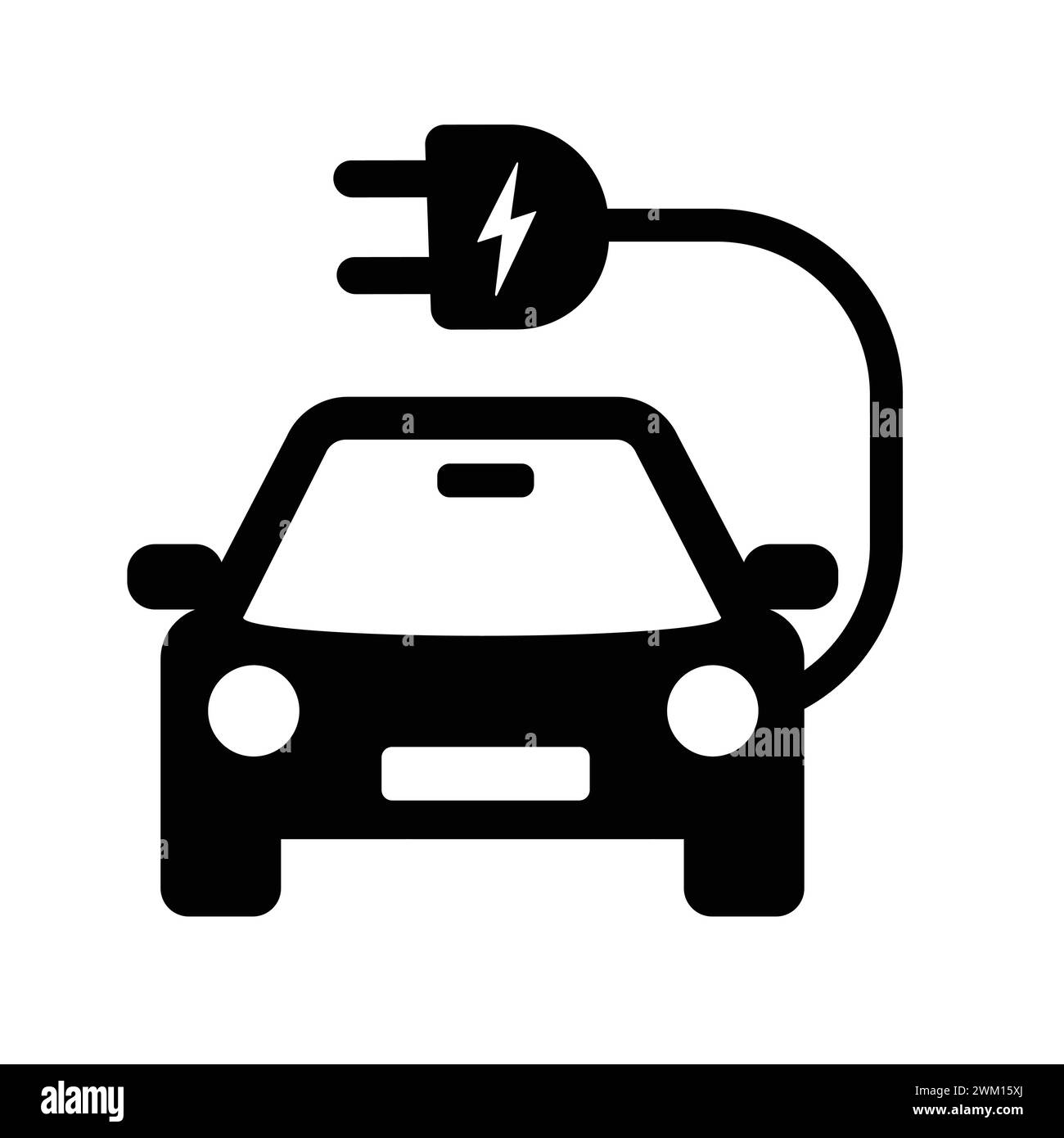 Electric Car With Plug Icon. Front-View Of An Electric Vehicle Symbol. Eco-Friendly Auto With Electric Battery. Electrical Fueling Plug Pictogram Stock Vector