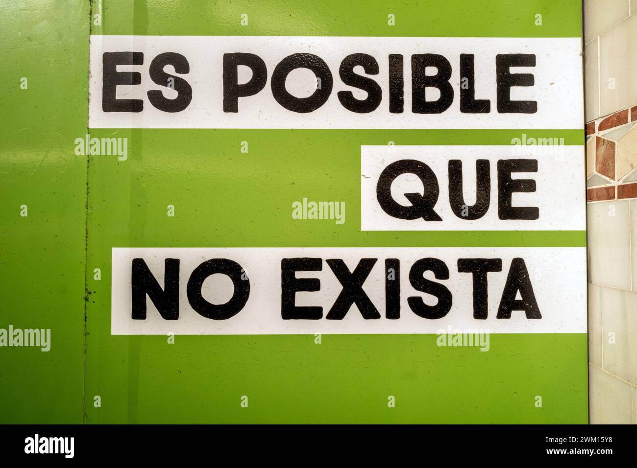 Valencia, February 16th 2024: 'Es Posible Que No Exista' sign at The Mercat Central Stock Photo