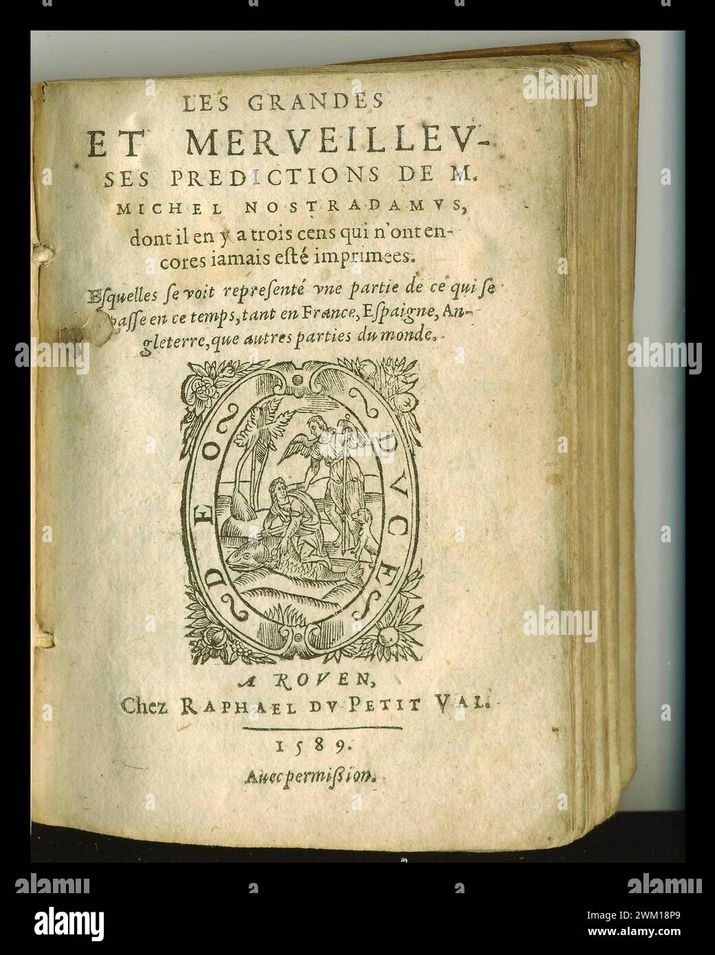 3833218 Nostradamus Prophecies; (add.info.: Frontispiece of an edition dated 1589 of Nostradamus' Les Propheties (Prophecies), published for the first time in Lyon in 1555); © Marcello Mencarini. All rights reserved 2024. Stock Photo
