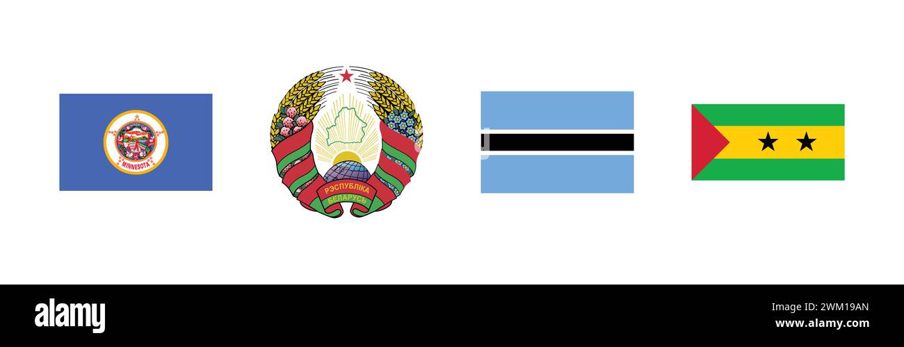 Flag of Sao Tome and Principe, Flag of Botswana, Coat of arms of Belarus, Flag of Minnesota,Popular brand logo collection. Stock Vector