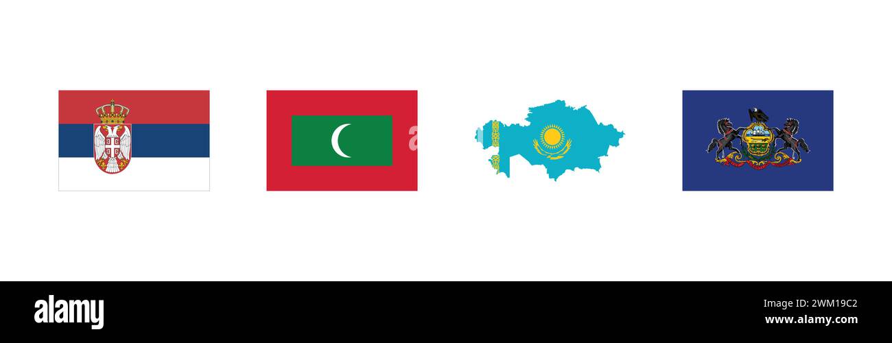 Flag of Pennsylvania, Flag of Maldives, Flag of Serbia, Flag map of Kazachstan,Popular brand logo collection. Stock Vector