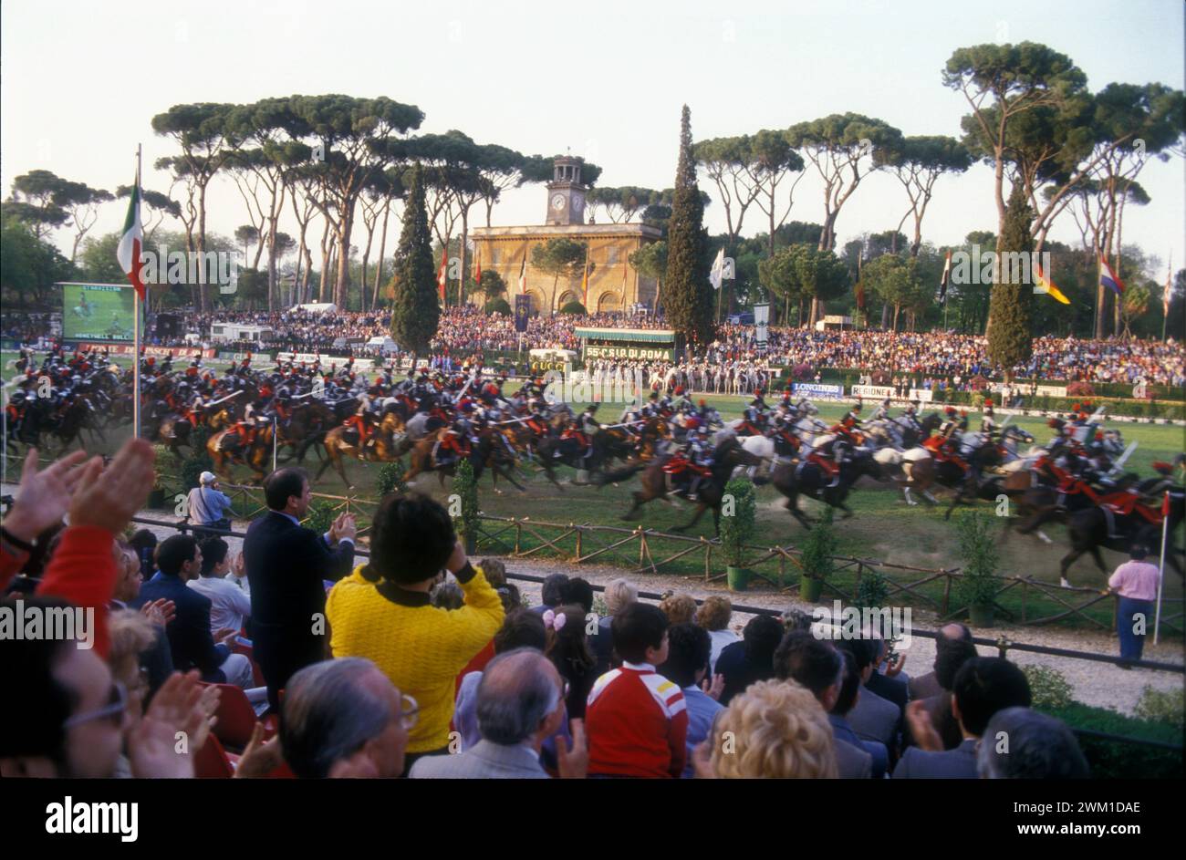 4067450 Rome, Piazza di SIena Horse Show, Carousel of the Carabinieri; (add.info.: Rome, Piazza di SIena Horse Show, Carousel of the Carabinieri  Roma, concorso ippico di Piazza di Siena. Carosello dei Carabinieri a cavallo -  1987); © Marcello Mencarini. All rights reserved 2024. Stock Photo