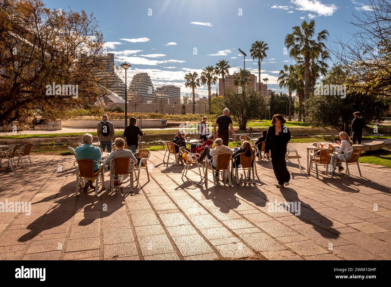 Valencia, February 19th 2024: Cafe in the Turia river bed gardens Stock Photo