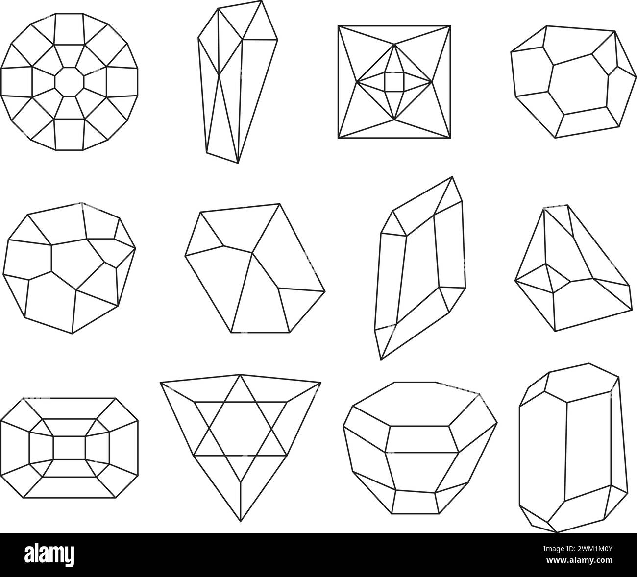 vector collection of diamonds in flat style. diamond shape linear outline. jewellery illustration Stock Vector