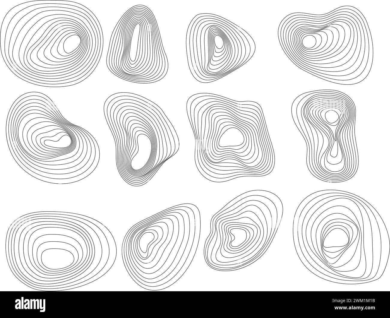 vector abstract tree rings. organic amoeba blob shape curved circles. topographic map concept. thin black lines. contour topographic line pattern Stock Vector
