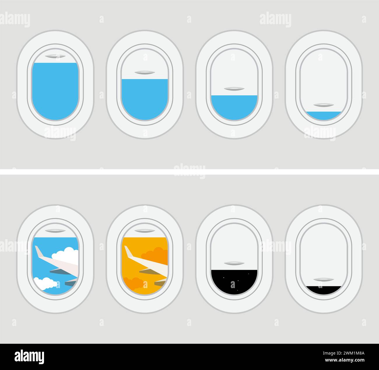 vector set of aircraft windows with curtains in different positions. view from airplane window. sky gaze. plane travel concept Stock Vector