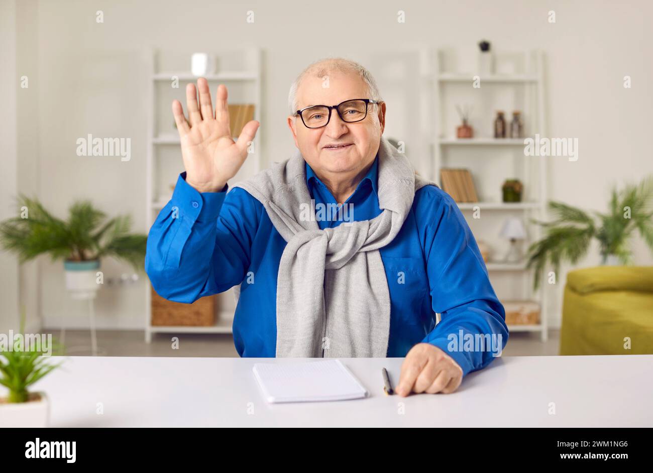 Cheerful senior man having video call, online meeting Stock Photo