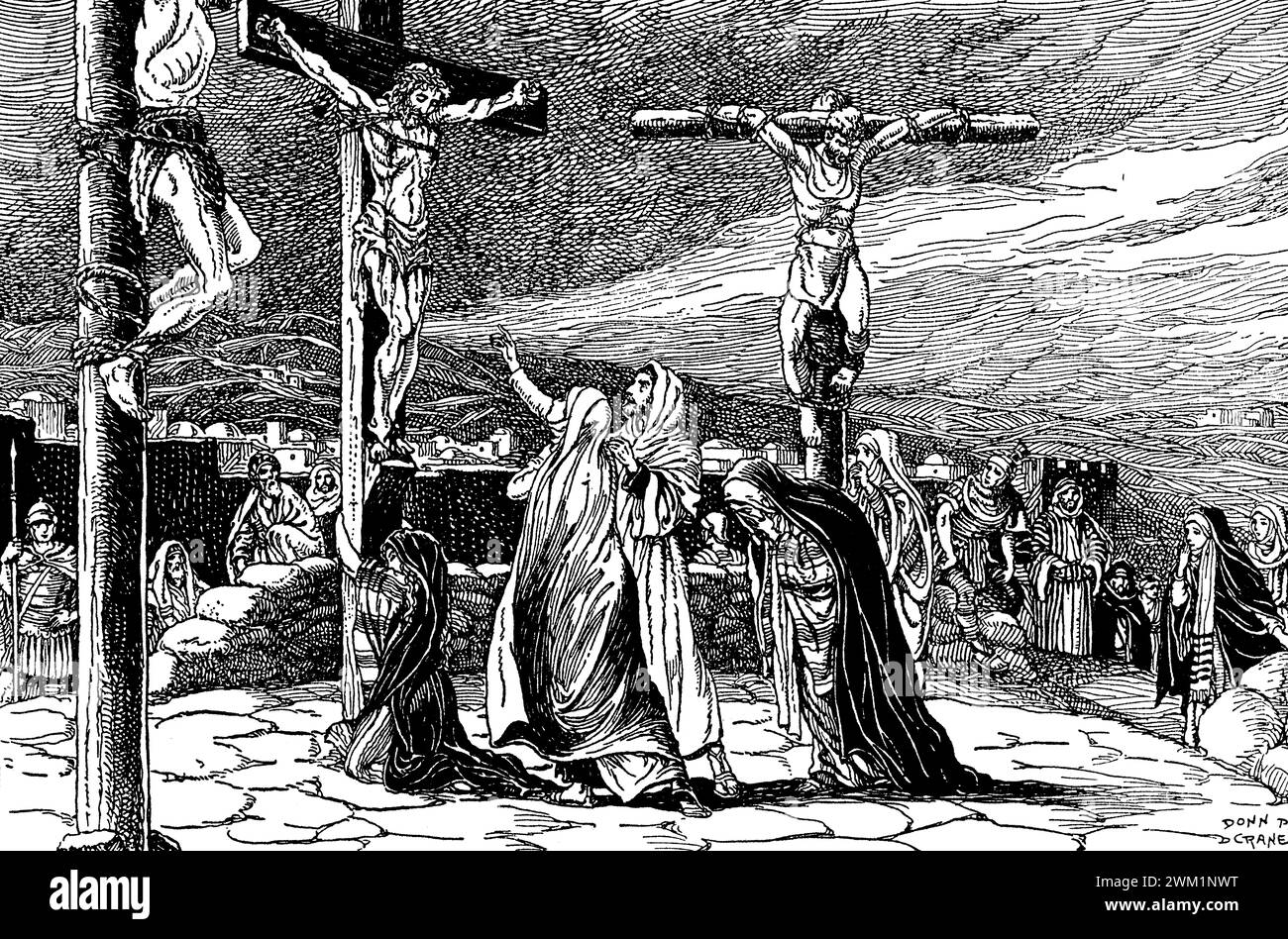The crucifixion of Jesus of Nazareth. By Donn Philip Crane (1878-1944). Collectively referred to as the Passion, Jesus's suffering and redemptive death by crucifixion are the central aspects of Christian theology concerning the doctrines of salvation and atonement. Stock Photo