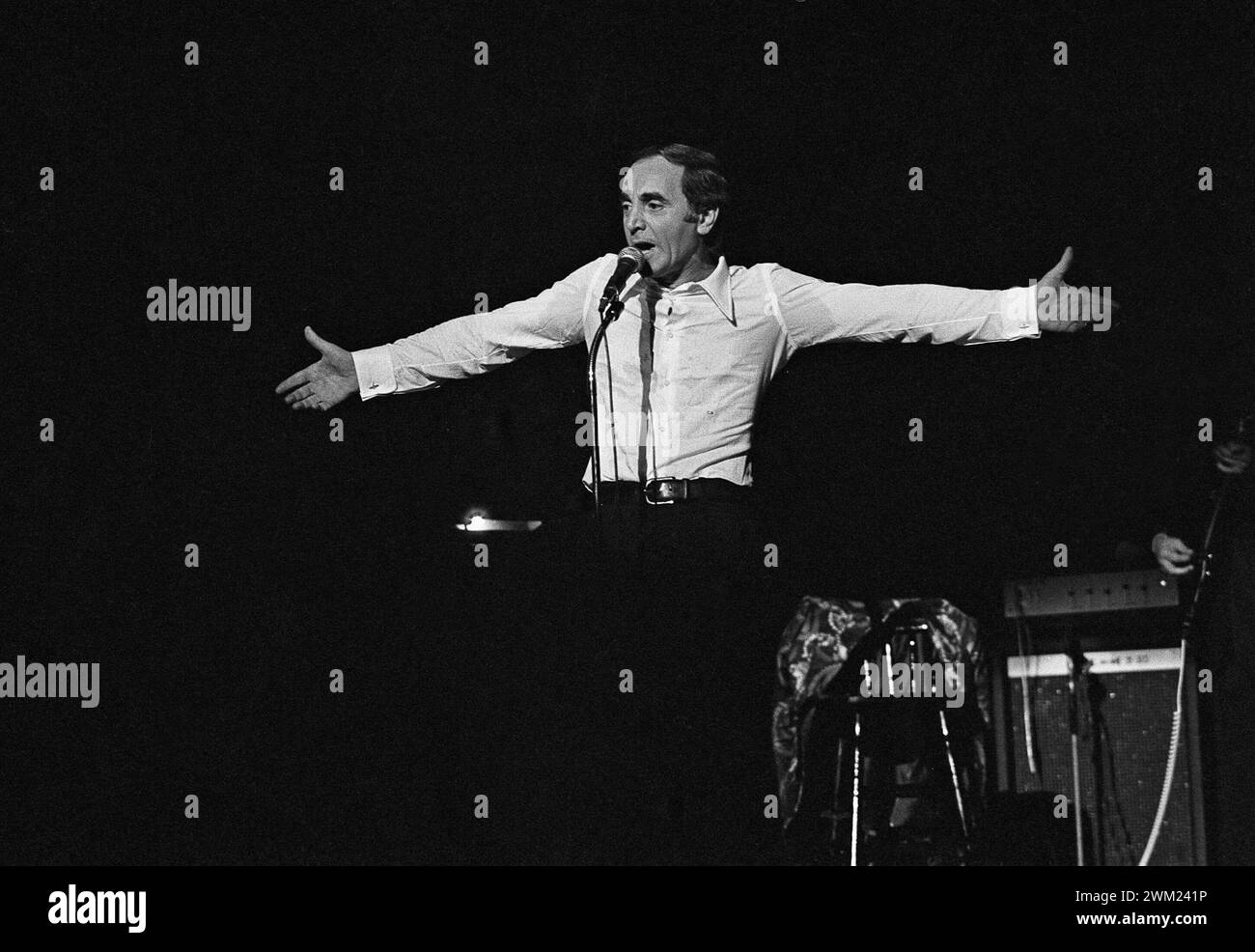 MME4773039 Charles Aznavour performing, Teatro Sistina, Rome, 1979 (photo); (add.info.: Rome, Sistina Theater, 1979. French and Armenian singer Charles Aznavour performing/Roma, Teatro Sistina, 1979.); © Marcello Mencarini. All rights reserved 2024. Stock Photo