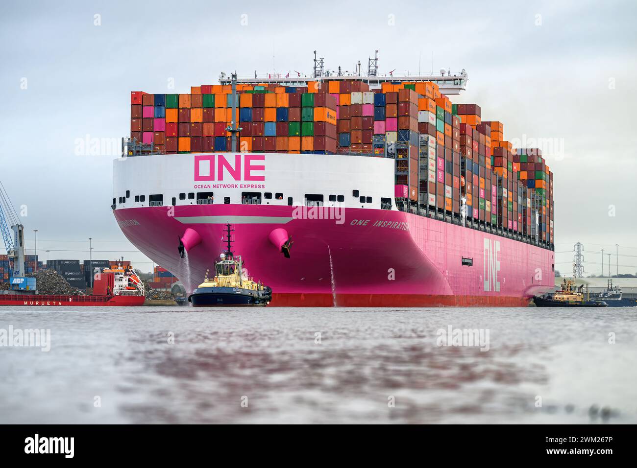 One Inspiration is a 24,000 TEU class Megamax container ship deployed on the Asia to Europe (FE3) service by Ocean Network Express. Stock Photo