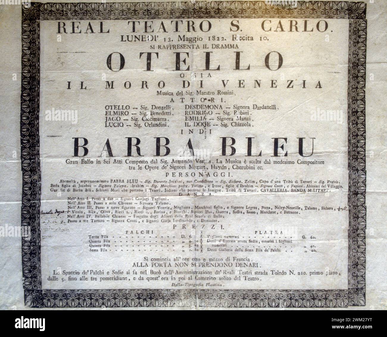 MME4795903 Playbill of the opera “” Otello”” (composed by Gioacchino Rossini in 1816) performed at the San Carlo Theater in Naples/Locandina dell'opera “” Otello”” (scritta nel 1816 by Gioacchino Rossini), rappresentata al Teatro san Carlo di Napoli - Reproduced by Marcello Mencarini; (add.info.: Playbill of the opera “” Otello”” (composed by Gioacchino Rossini in 1816) performed at the San Carlo Theater in Naples/Locandina dell'opera “” Otello”” (scritta nel 1816 by Gioacchino Rossini), rappresentata al Teatro san Carlo di Napoli - Reproduced by Marcello Mencarini); © Marcello Mencarini. Al Stock Photo