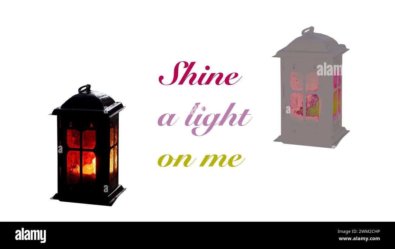 Two lanterns, black and white. A text saying Shine the light on me. Concept of enlightenment. Stock Photo