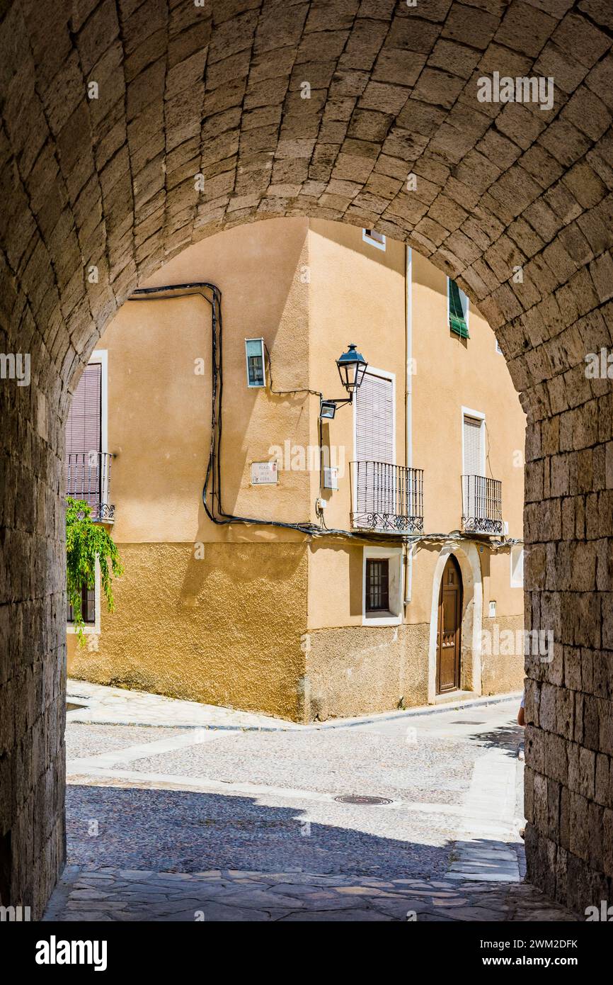 Typical street of Brihuega seen from the Arco de Guía. Brihuega, La Alcarria, Guadalajara, Castilla La Mancha, Spain, Europe Stock Photo