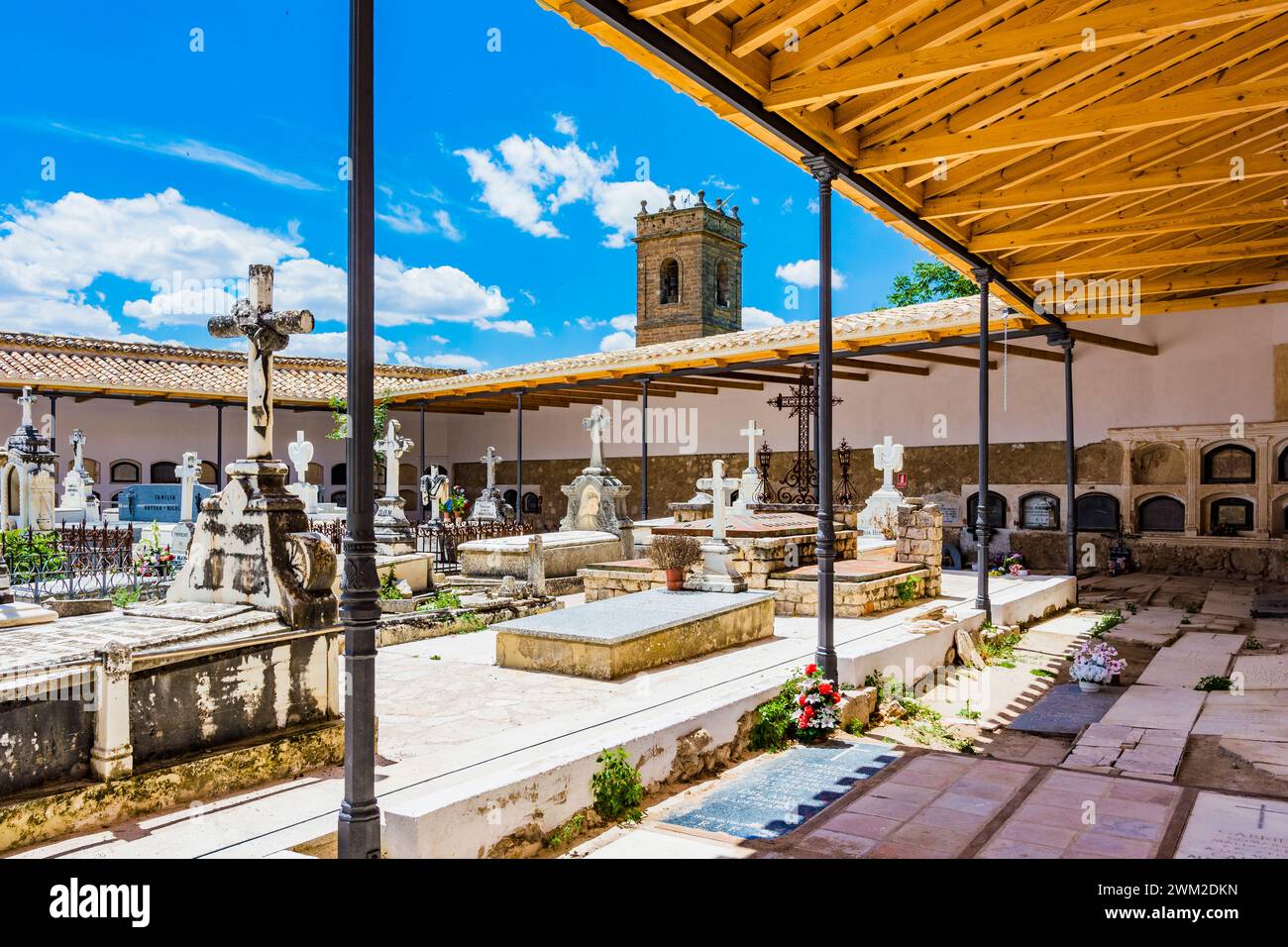 Old cemetery in the inner courtyard of the Peña Bermeja castle. Brihuega, La Alcarria, Guadalajara, Castilla La Mancha, Spain, Europe Stock Photo