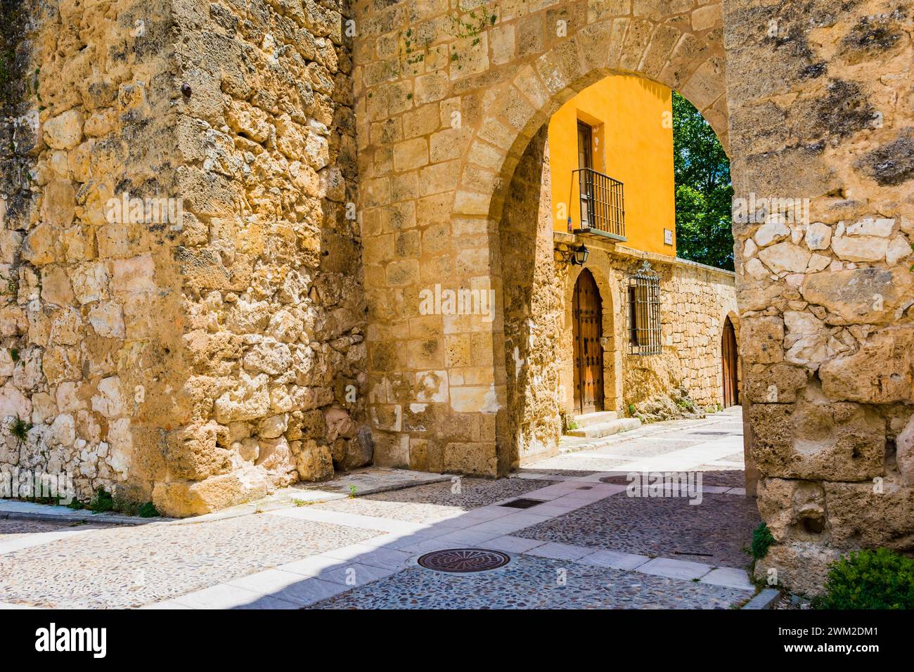 Gate of Juego de Pelota or Medieval Gate of Santa María en la Plaza Manu Leguineche. Brihuega, La Alcarria, Guadalajara, Castilla La Mancha, Spain, Eu Stock Photo