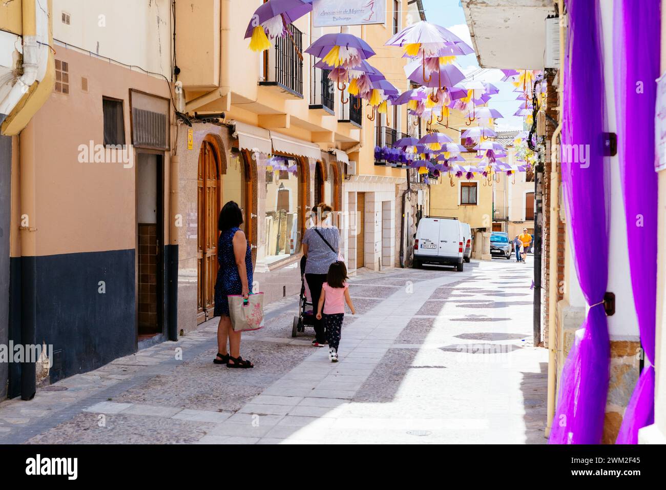 Streets and houses decorated for the Brihuega Lavender Festival. Brihuega, La Alcarria, Guadalajara, Castilla La Mancha, Spain, Europe Stock Photo