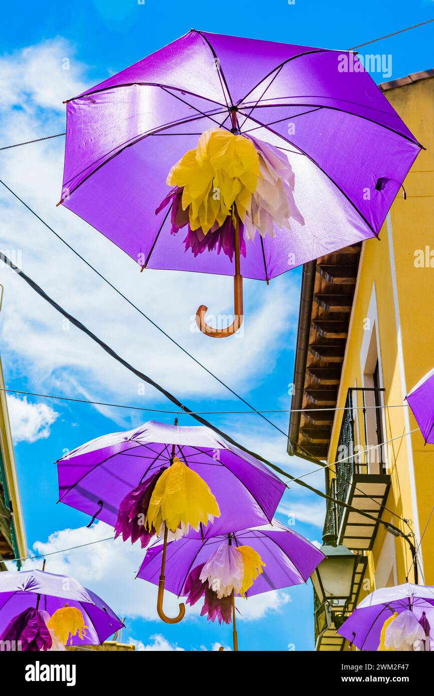 Violet umbrellas provide shade for a narrow street during the Lavender Festival. Brihuega, La Alcarria, Guadalajara, Castilla La Mancha, Spain, Europe Stock Photo