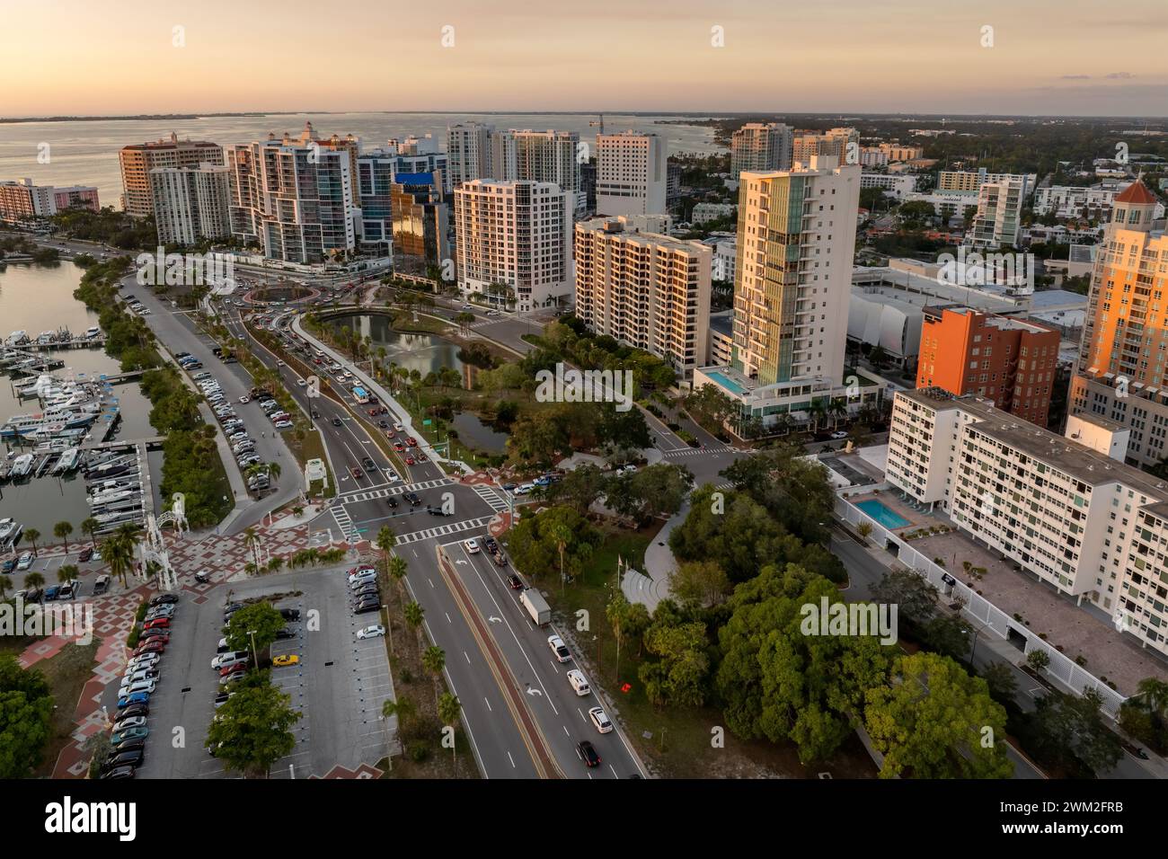 Aerial view of Sarasota city downtown at sunset with high-rise office ...