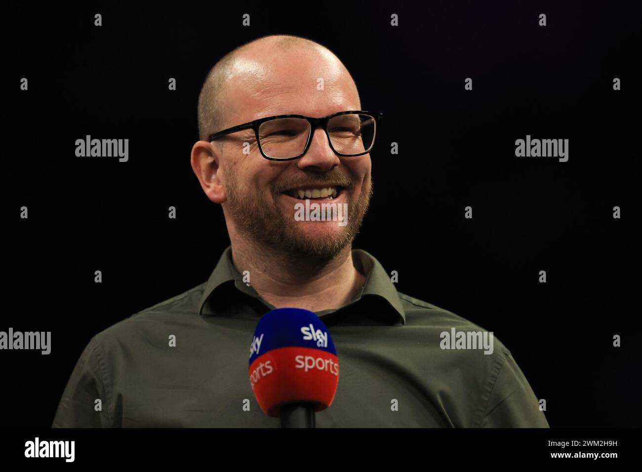 Newcastle, UK. 22nd Feb, 2024. Sky Sports presenter Mark Webster during the 2024 BetMGM Premier League Darts Night 4 at the Utilita Arena, Newcastle, England, United Kingdom on 22 February 2024 Credit: Every Second Media/Alamy Live News Stock Photo