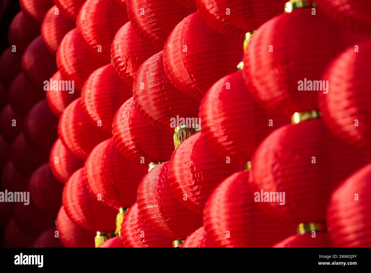 Red lantern decoration for Chinese New Year Festival at Chinese shrine. Ancient Chinese art, fortune blessing compliment. Chinese red lanterns. Stock Photo