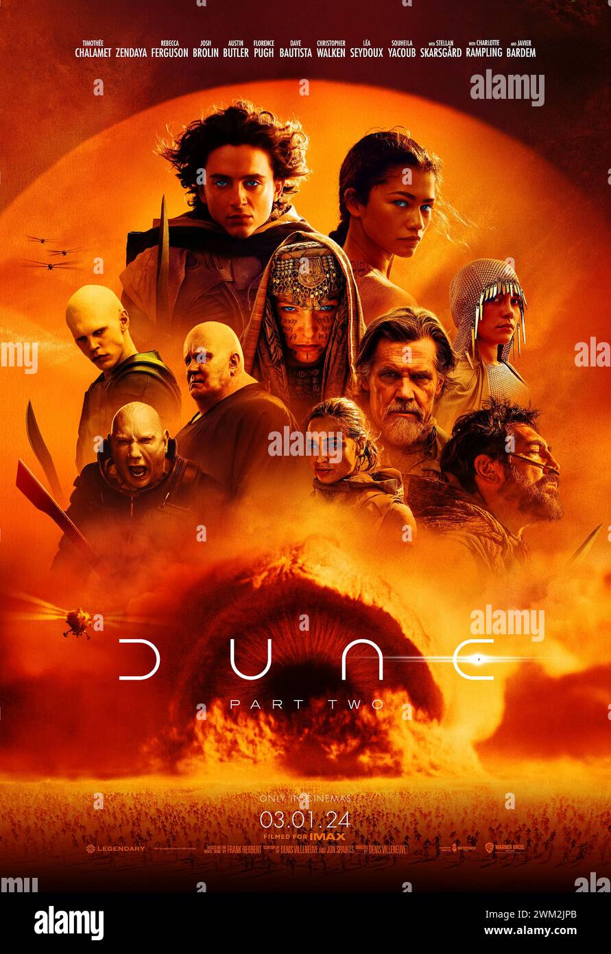 Dune: Part Two (2024) directed by Denis Villeneuve and starring Zendaya, Florence Pugh, Rebecca Ferguson and Timothée Chalamet. Part 2 of the adaptation of Frank Herbert's sci-fi masterpiece. Paul Atreides unites with Chani and the Fremen while seeking revenge against the conspirators who destroyed his family. US one sheet poster ***EDITORIAL USE ONLY***. Credit: BFA / Warner Bros Stock Photo