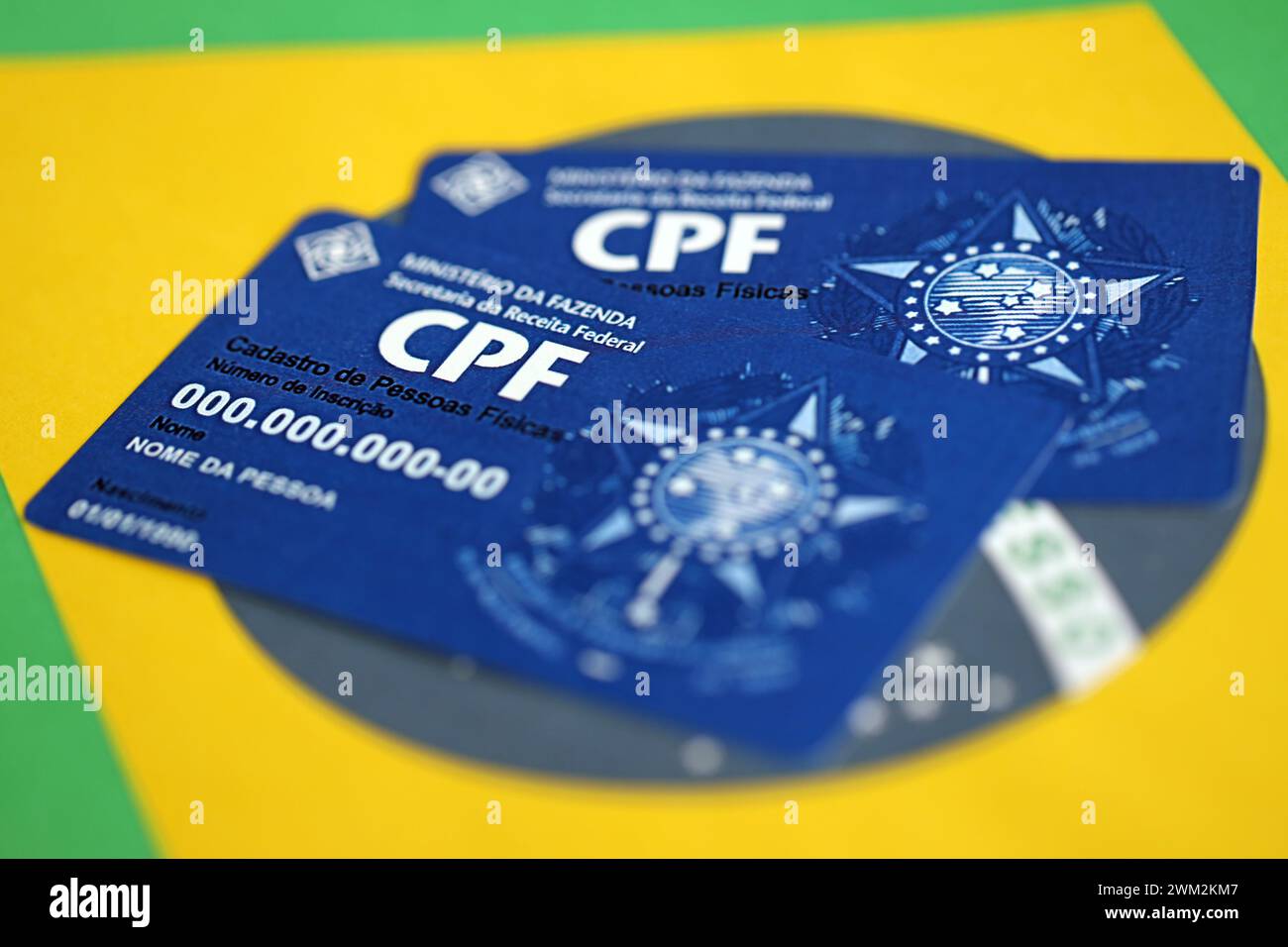 KYIV, UKRAINE - OCTOBER 31, 2023 Blue CPF card document template. The document guarantees authenticity and integrity in electronic communication between people in Brazil. Cadastro de Pessoa Fisica Stock Photo