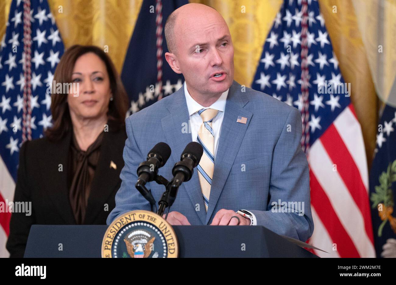 Washington, United States. 23rd Feb, 2024. Utah Governor Spencer Cox (R-UT), Chairman of the National Governors Association delivers remarks as Vice President Kamala Harris looks on during the National Governors Association Winter Meeting in the East Room of the White House on Friday, Feb. 23, 2024.Biden addressed the governors after announcing more Russian sanctions. Photo by Leigh Vogel/UPI Credit: UPI/Alamy Live News Stock Photo