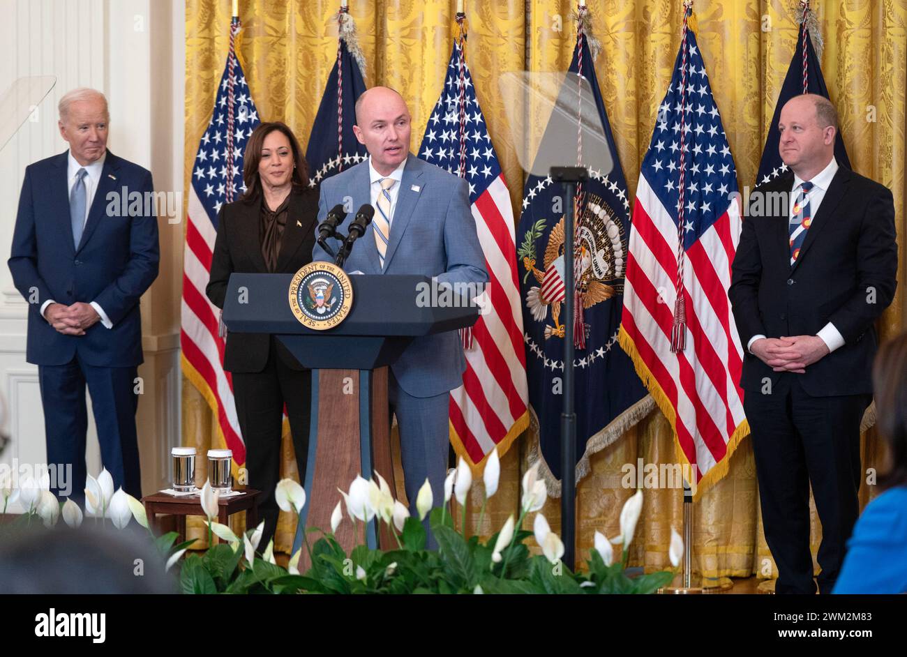 Washington, United States. 23rd Feb, 2024. Utah Governor Spencer Cox (R-UT), Chairman of the National Governors Association delivers remarks as President Joe Biden, Vice President Kamala Harris, and Colorado Governor Jared Polis (D-CO), Vice Chairman of the National Governors Association, look on during the National Governors Association Winter Meeting in the East Room of the White House on Friday, Feb. 23, 2024. Biden addressed the governors after announcing more Russian sanctions. Photo by Leigh Vogel/UPI Credit: UPI/Alamy Live News Stock Photo