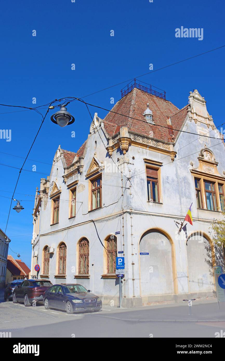 Main Post Office historical building on Mitropoliei Street and Post Street in Historic Center of Sibiu city, Romania Stock Photo