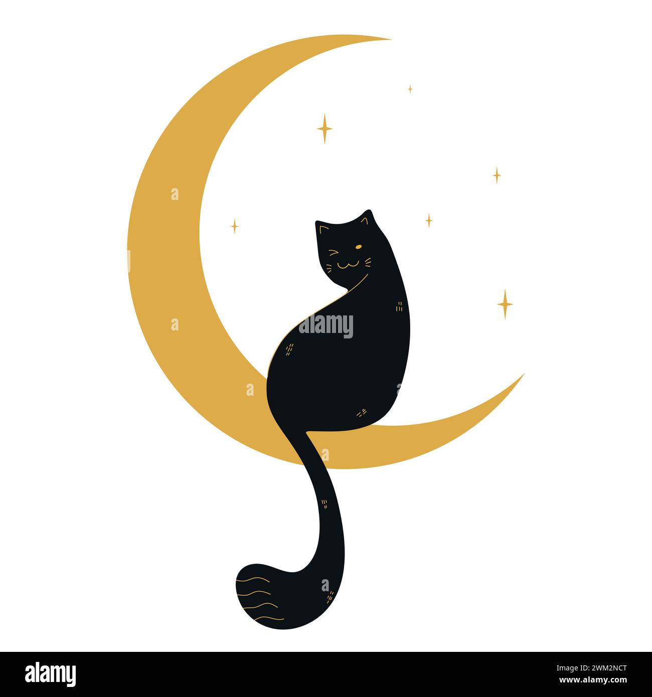 Cute black cat sitting on a crescent. Vector illustration Stock Vector